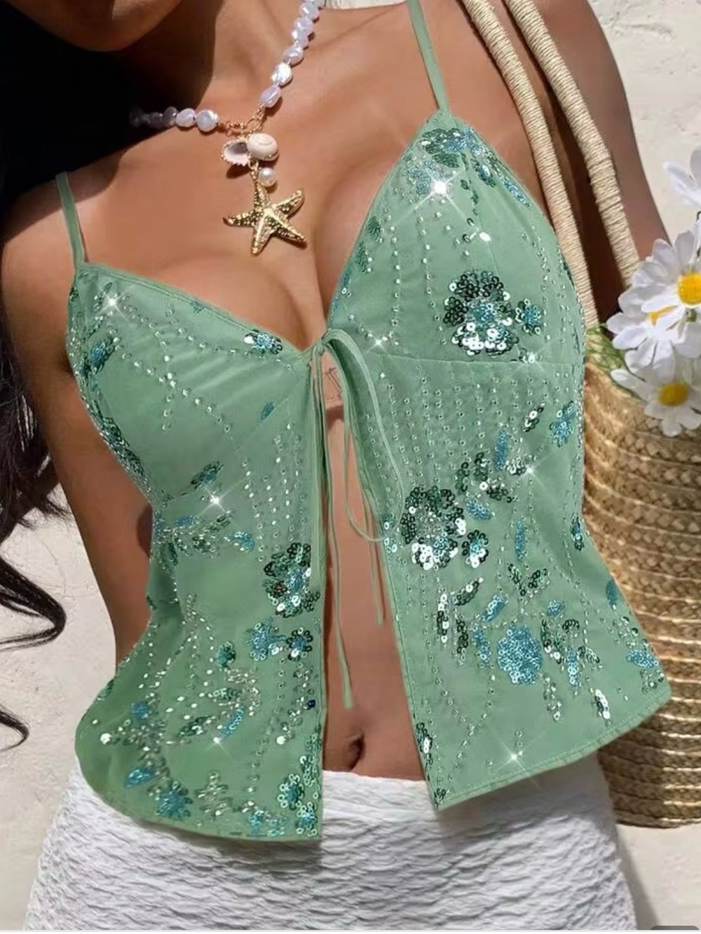 New Mint Green Y2K Sequin Sparkle  Lace Up Cami Top Tie Front